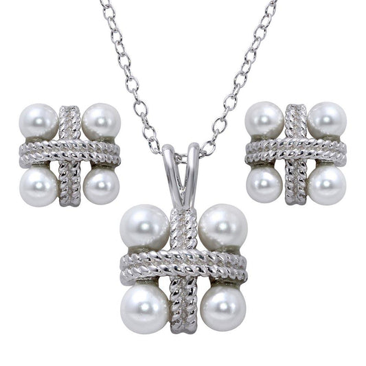 Silver 925 Rhodium Plated Square Pendant Necklace and Earrings Set with Synthetic Pearls - BGS00538 | Silver Palace Inc.