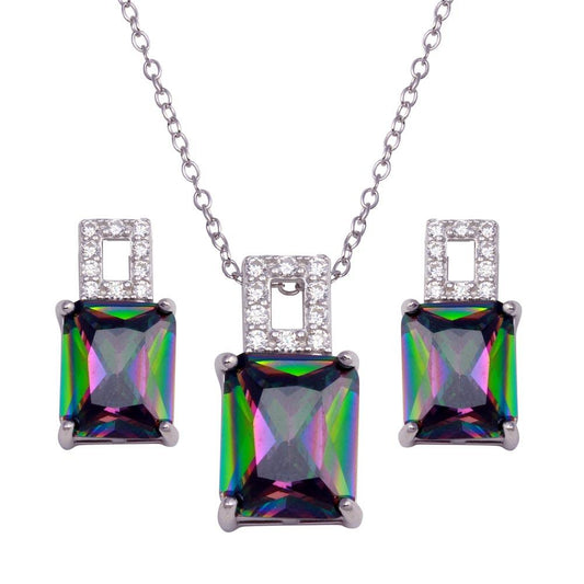 Silver 925 Rhodium Plated Rectangle Synthetic Mystic Topaz CZ Set - BGS00581 | Silver Palace Inc.