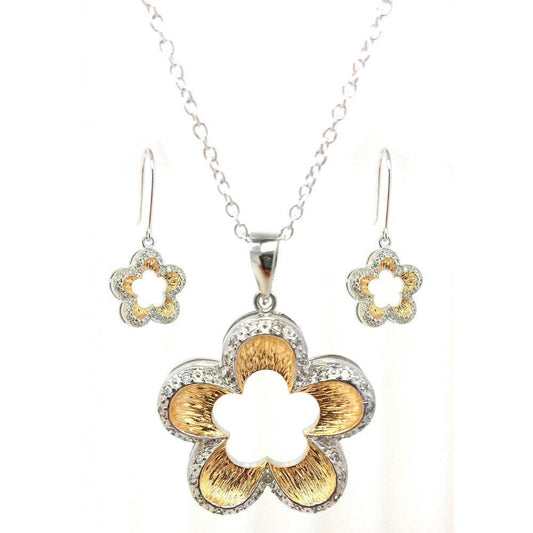 Closeout-Silver 925 Rhodium and Gold Plated Open Flower Clear Border CZ Hook Earring and Dangling Necklace Set - BGS00100 | Silver Palace Inc.