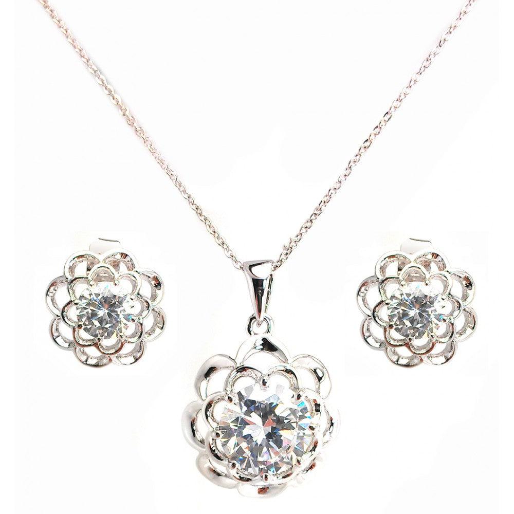 Silver 925 Rhodium Plated Clear Flower CZ Stud Earring and Necklace Set - BGS00248 | Silver Palace Inc.