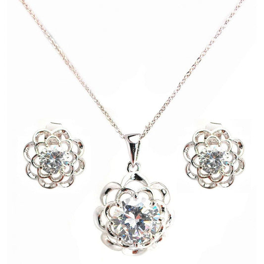 Silver 925 Rhodium Plated Clear Flower CZ Stud Earring and Necklace Set - BGS00248 | Silver Palace Inc.