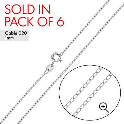 Rhodium Plated Cable 020 Chain 1mm (6-Pack) - CH239 RH