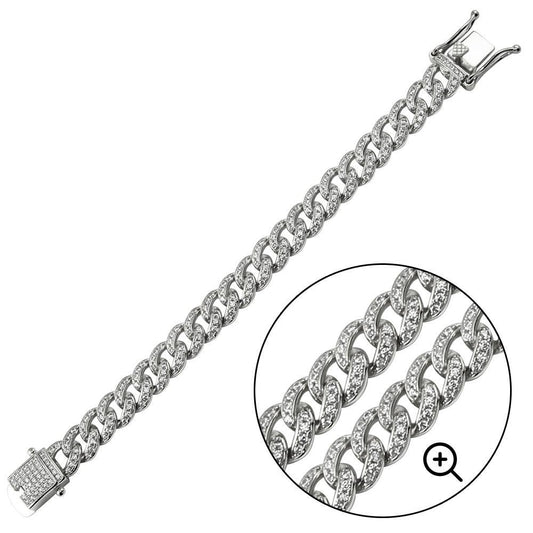 Silver 925 Rhodium Plated CZ Encrusted Curb Bracelet 8.9mm - CHCZ105B RH | Silver Palace Inc.