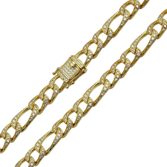Silver 925 Gold Plated CZ Encrusted Figaro Chains 8.2mm - CHCZ112 GP | Silver Palace Inc.