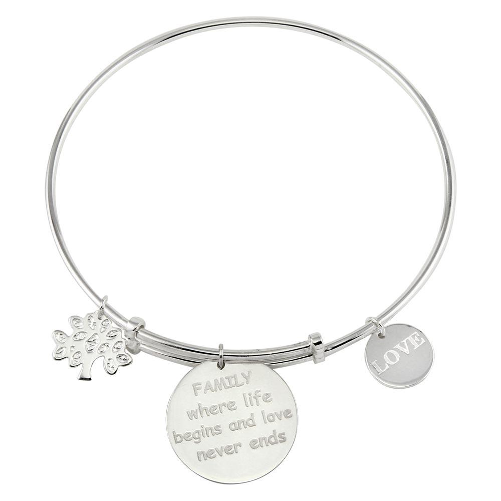 Silver 925 Rhodium Plated Family Charms Adjustable Bangle - DIB00005SF | Silver Palace Inc.