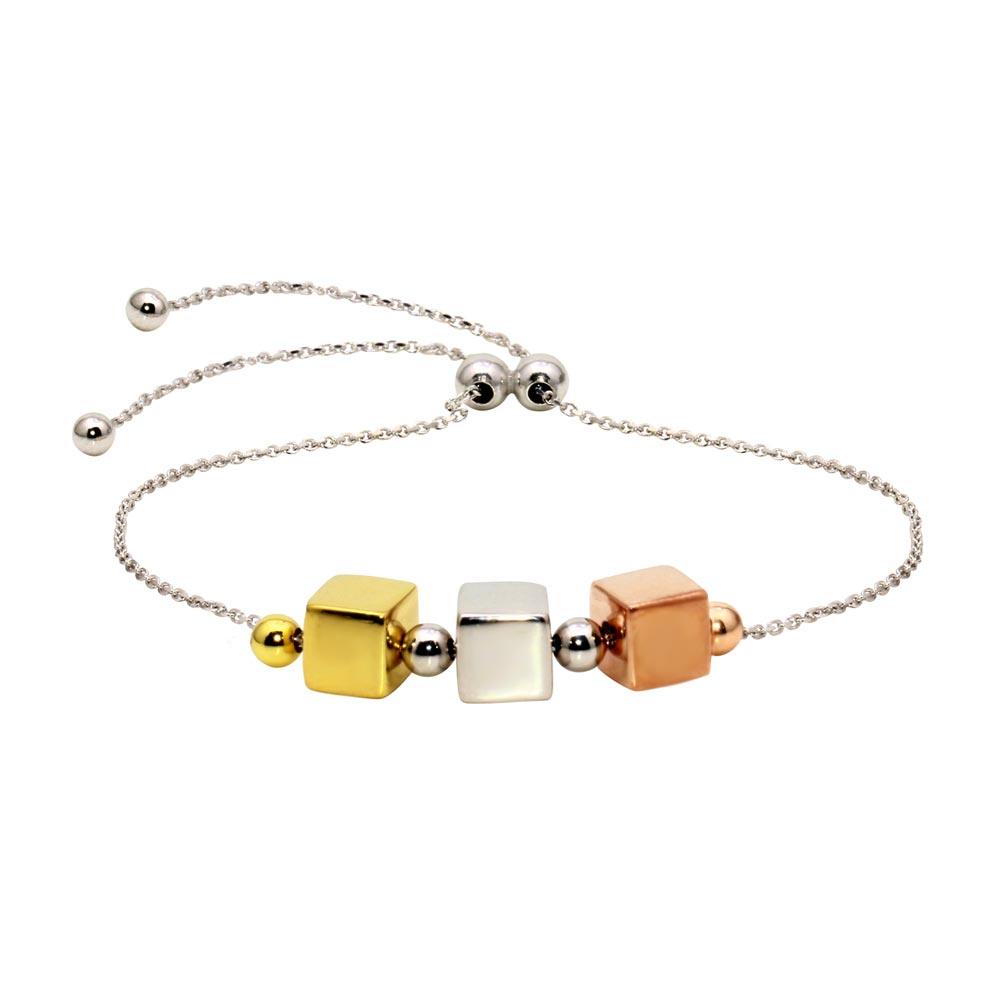 Silver 925 Rhodium Plated Tri-Color Bead Lariat Bracelet - DIB00052TRI | Silver Palace Inc.