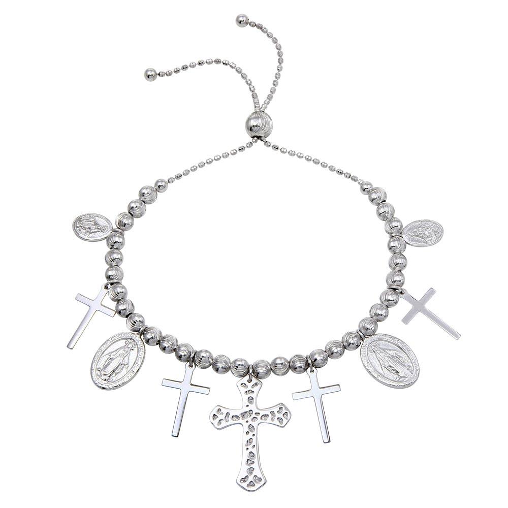 Silver 925 Rhodium Plated Cross and Medallion Charm Bracelet - DIB00055RH | Silver Palace Inc.