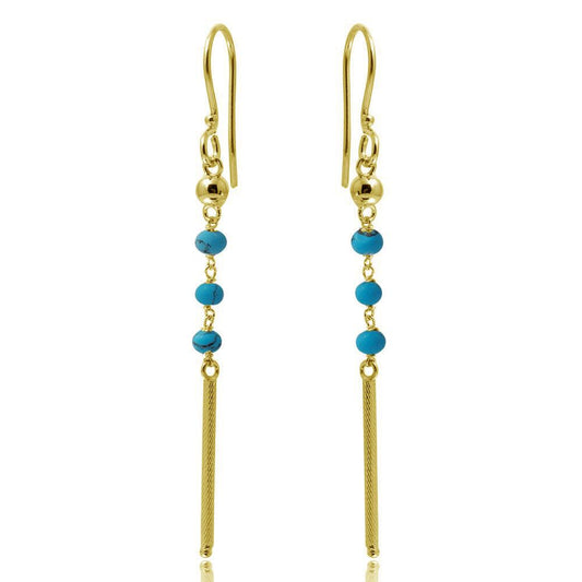 Silver 925 Gold Plated Dangling 3 Turquoise Bead with Matte Gold Bar Earrings - DIE00009GP-TQ | Silver Palace Inc.