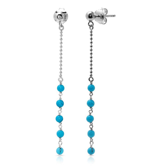 Silver 925 Rhodium Plated Bead Chain with Dropped Turquoise Bead Earrings - DIE00007RH | Silver Palace Inc.