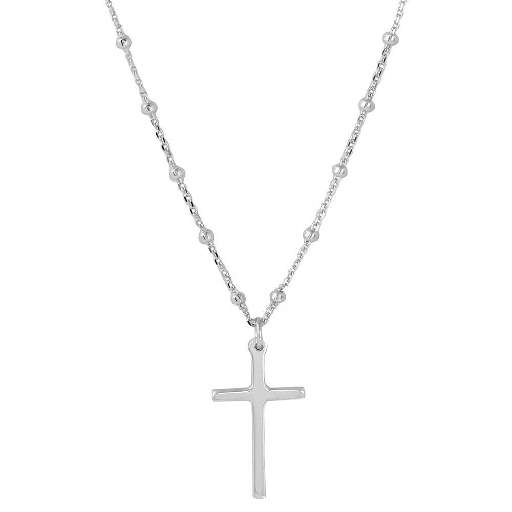 Silver 925 Rhodium Plated Cross Pendant with Beaded Chain - DIN00049RH | Silver Palace Inc.