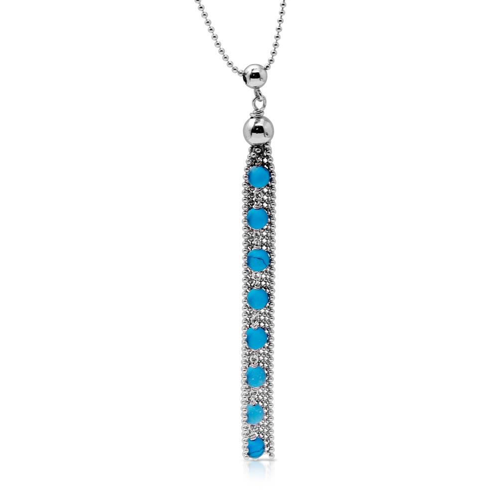 Silver 925 Rhodium Plated Bead Chain with Dropped Turquoise Bead Necklace - DIN00068RH-TQ | Silver Palace Inc.