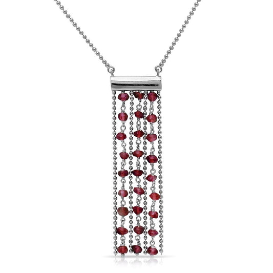 Silver 925 Rhodium Plated Bead Chain Necklace with Dropped Dark Red Beads - DIN00069RH-GR | Silver Palace Inc.
