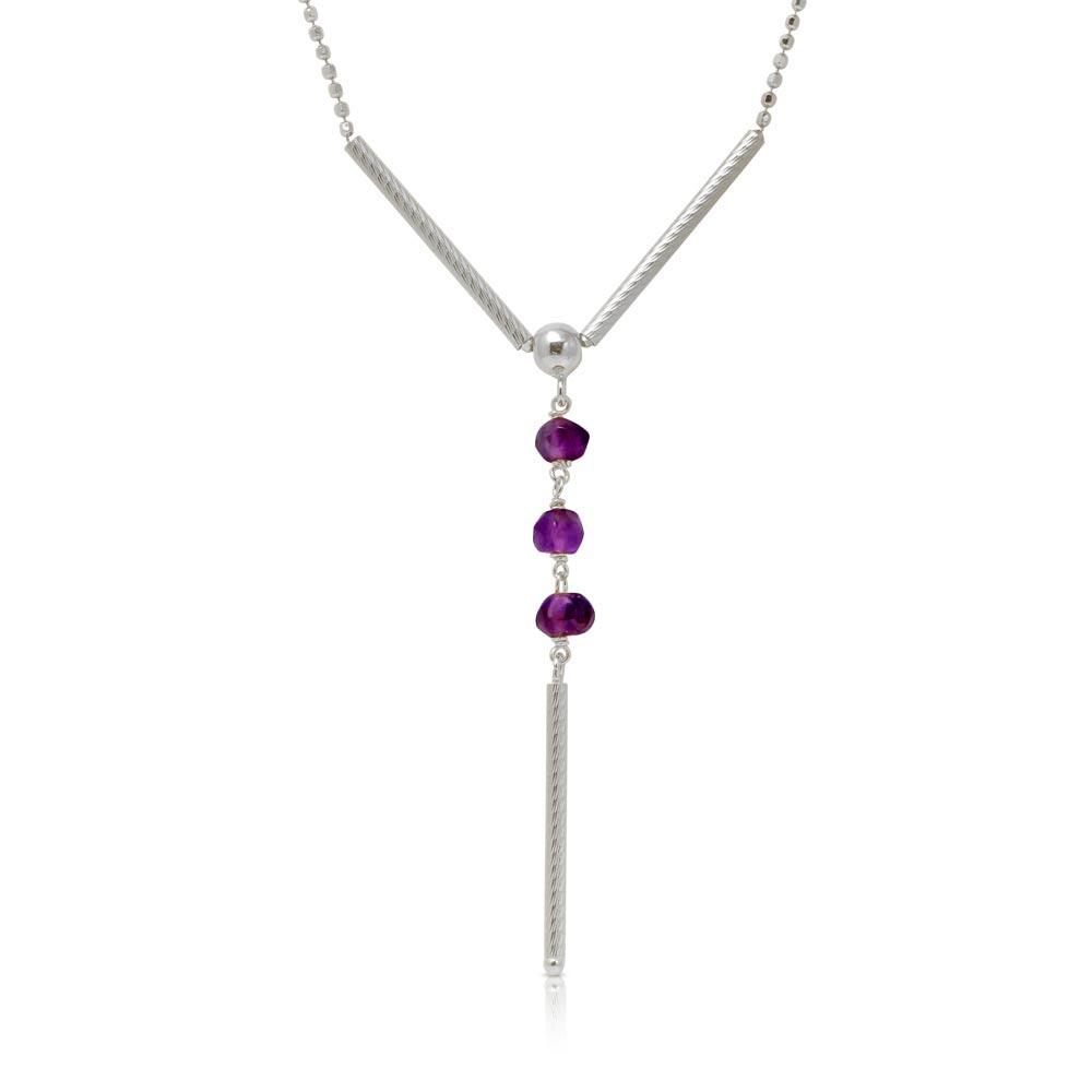Silver 925 Rhodium Plated DC Bead Chain with Dangling Purple Beads - DIN00074RH-AM | Silver Palace Inc.