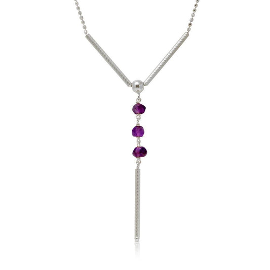 Silver 925 Rhodium Plated DC Bead Chain with Dangling Purple Beads - DIN00074RH-AM | Silver Palace Inc.