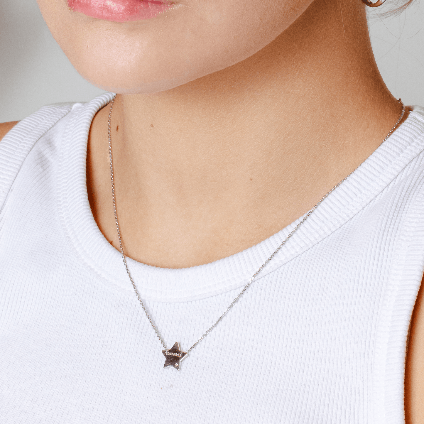 Silver 925 Rhodium Plated Engravable Star Shaped Necklace with CZ - DIN00079RH