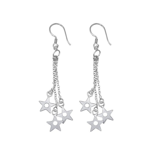 Silver 925 Rhodium Plated Three Wire Dangling Open Stars Hook Earrings - DSE00014 | Silver Palace Inc.