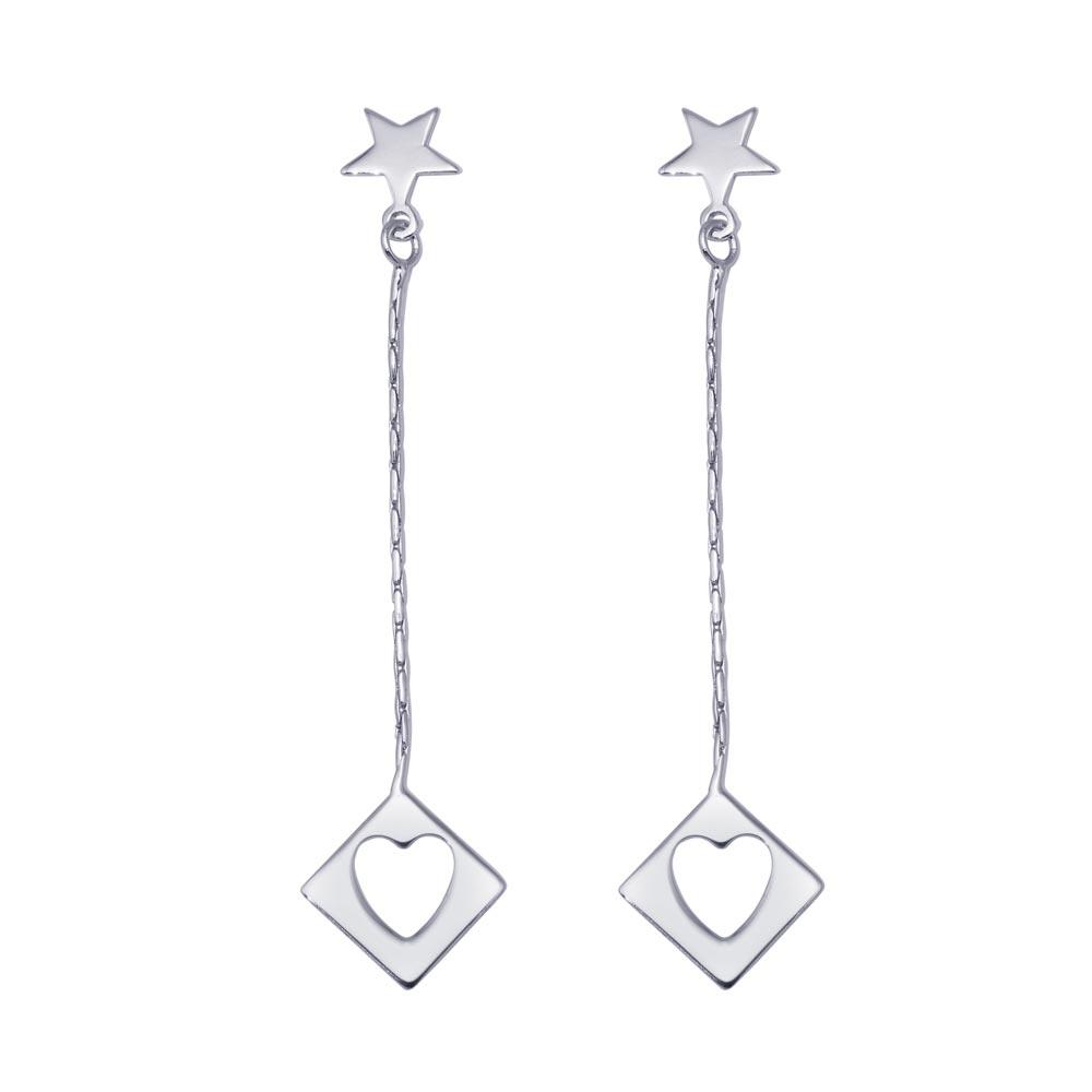 Silver 925 Rhodium Plated Wired Dangling Square Open Heart Stud Earrings - DSE00028 | Silver Palace Inc.