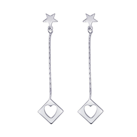 Silver 925 Rhodium Plated Wired Dangling Square Open Heart Stud Earrings - DSE00028 | Silver Palace Inc.