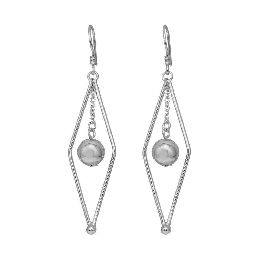 Silver 925 Rhodium Plated Open Sharp Marquis Wire Dangling Center Ball Hook Earrings - DSE00043 | Silver Palace Inc.