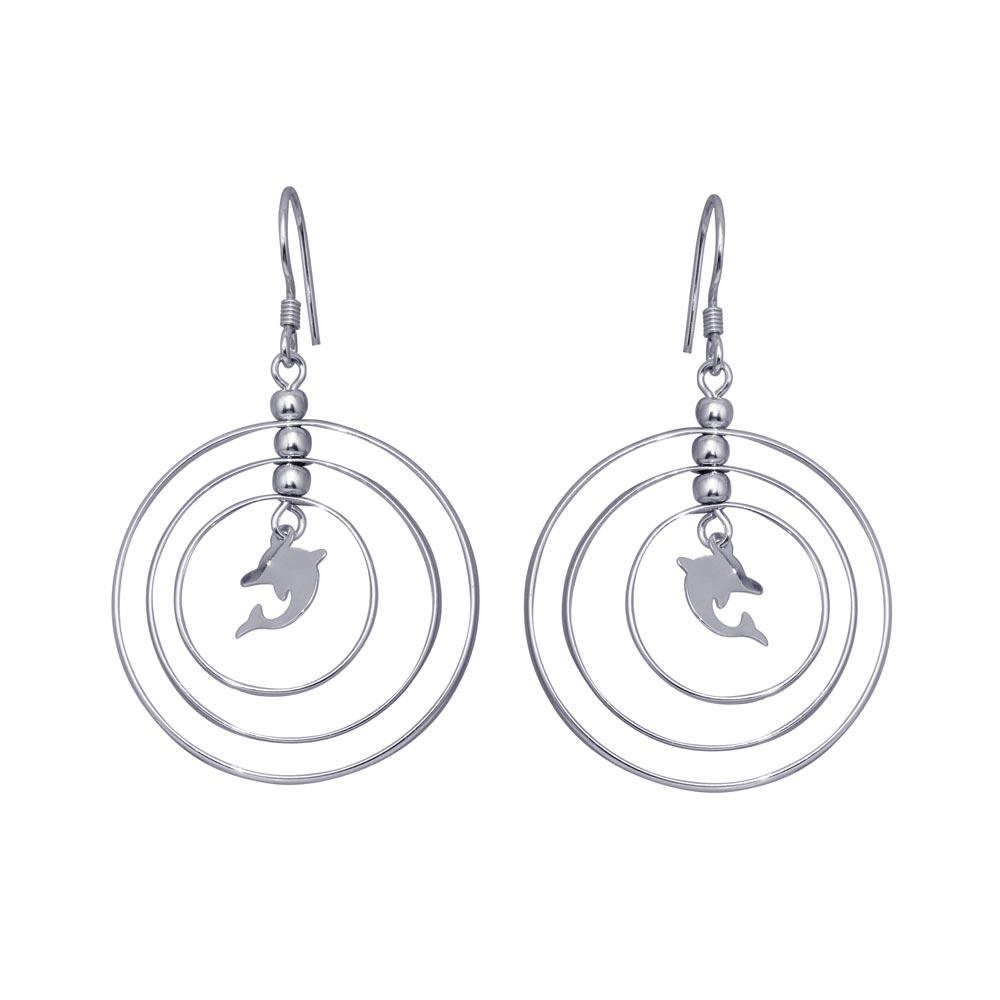 Silver 925 Rhodium Plated Open Graduated Circle Center Dolphin Dangling Hook Earrings - DSE00067 | Silver Palace Inc.