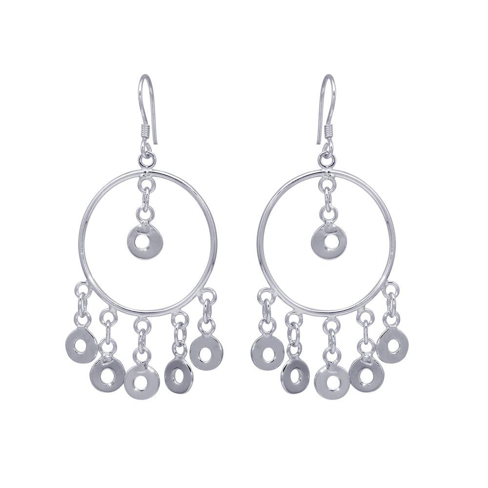 Silver 925 Rhodium Plated Multiple Open Black Circles Dangling Chandelier Hook Earrings - DSE00071 | Silver Palace Inc.