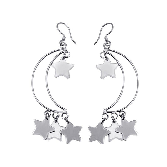 Silver 925 Rhodium Plated Open Crescent Moon Dangling Stars Hook Earrings - DSE00072 | Silver Palace Inc.