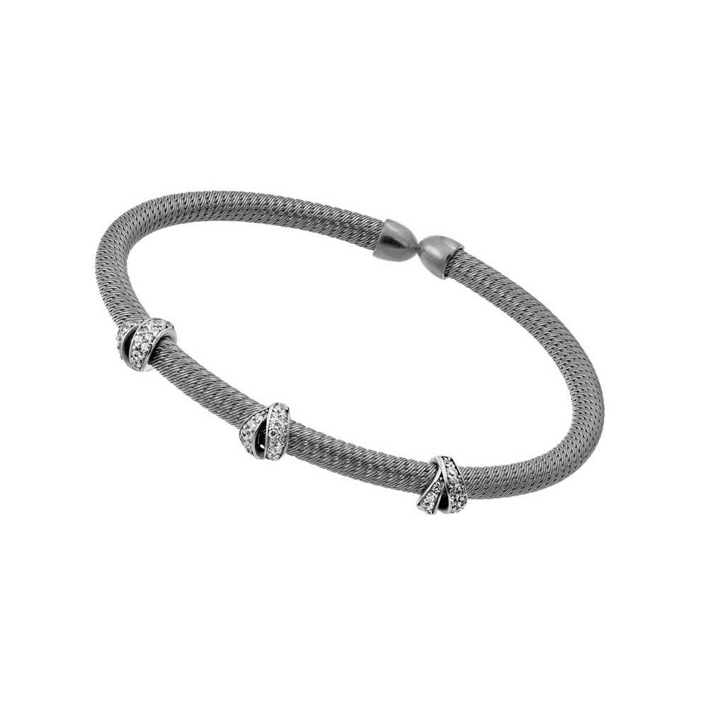 Silver 925 Rhodium Plated Three Clear CZ Bracelet - ECB00024RH