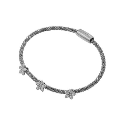 Silver 925 Rhodium Plated Three Flower Clear CZ Inlay Bracelet - ECB00026RH