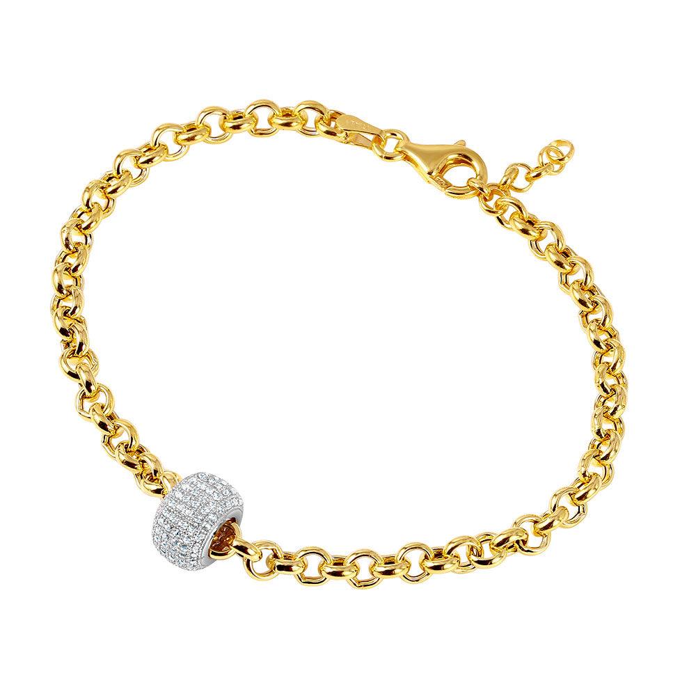 Silver 925 Gold Plated Rolo Bracelet with Micro Pave Center Bead - ECB00047YW | Silver Palace Inc.