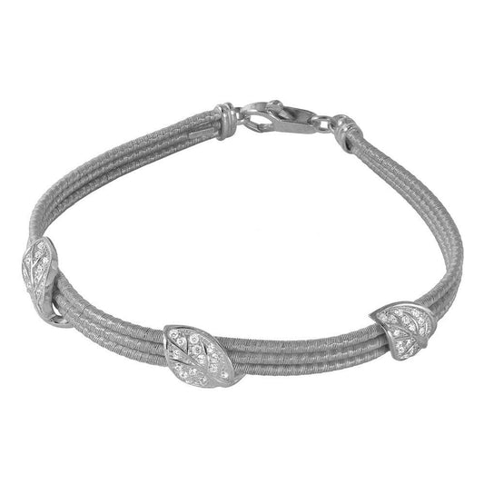 Silver 925 Rhodium Plated 3 CZ Leaves Italian Bracelet - ECB00050RH | Silver Palace Inc.