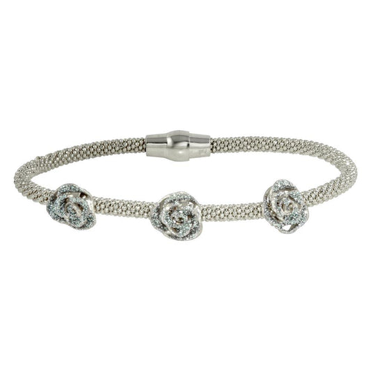 Closeout-Silver 925 Rhodium Plated Magnetic Bracelet with 3 Roses - ECB00076RH | Silver Palace Inc.