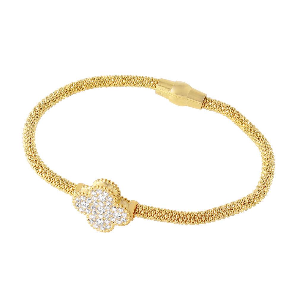 Closeout-Silver 925 Gold Plated Flower Shaped CZ Bracelet - ECB00086Y | Silver Palace Inc.