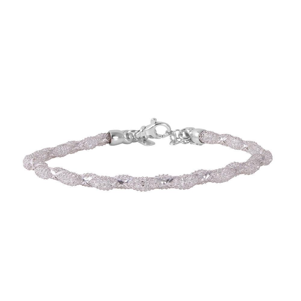 Silver 925 Rhodium Plated Mesh and Wrapped Embedded CZ Slim Italian Bracelet - ECB00095RH | Silver Palace Inc.