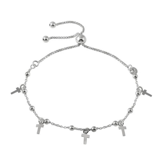 Silver 925 Rhodium Plated Box Chain Bead and Cross Lariat Bracelet - ECB00128RH | Silver Palace Inc.