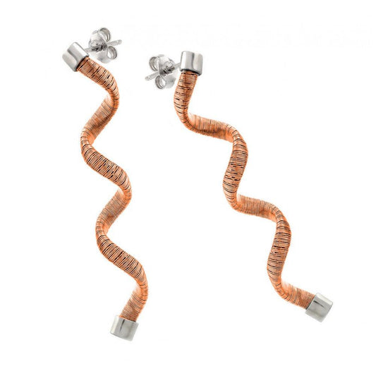 Silver 925 Rhodium and Rose Gold Plated Long Spiral Dangling Stud Earrings - ECE002RGP | Silver Palace Inc.