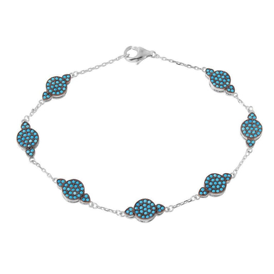 Silver 925 Rhodium Plated Small Round Turquoise Chain Bracelet - GMB00026RH-TUR | Silver Palace Inc.