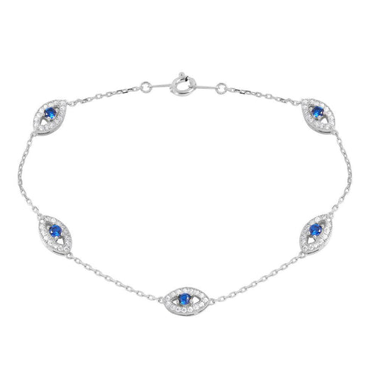 Silver 925 Rhodium Plated Small Round Evil Eye Chain Bracelet - GMB00027RH | Silver Palace Inc.