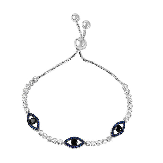 Silver 925 Rhodium Plated 3 Blue CZ Evil Eye Bubble Link Bracelet - GMB00034B-S-B | Silver Palace Inc.