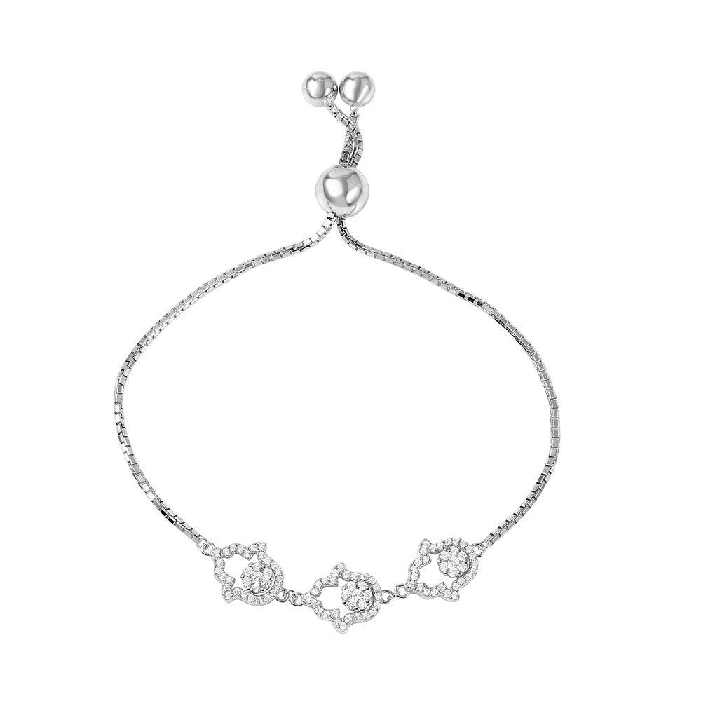 Silver 925 Rhodium Plated Open CZ Hamsa Hand Lariat Bracelet - GMB00037 | Silver Palace Inc.