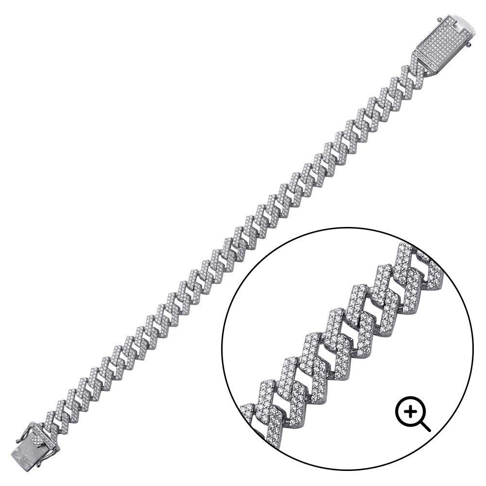 Silver 925 Rhodium Plated CZ Encrusted Square Miami Cuban Link Bracelet 11.0mm - GMB00076 | Silver Palace Inc.