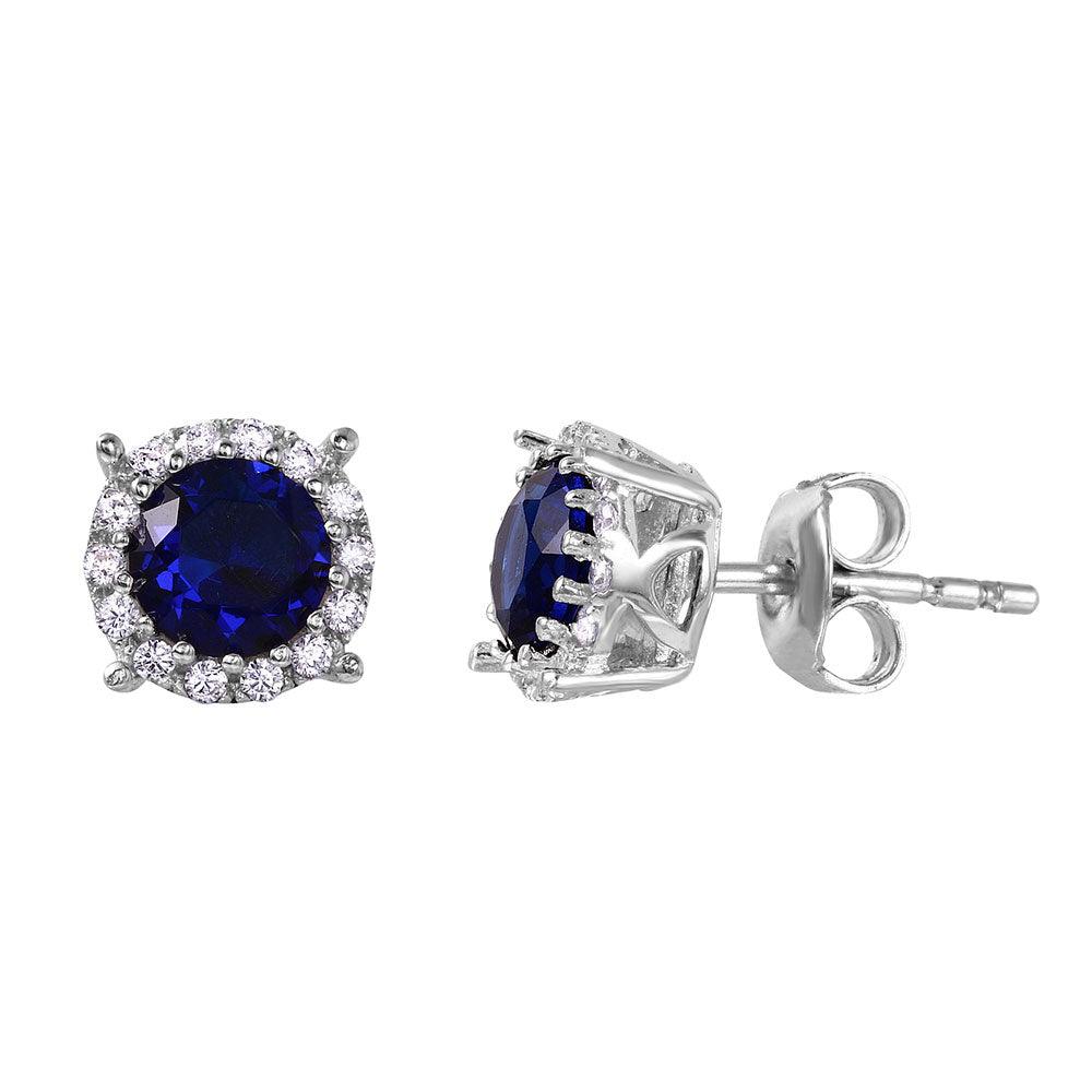 Silver 925 Rhodium Plated Halo Studs with Blue CZ Stone - GME00037RH-BLU | Silver Palace Inc.