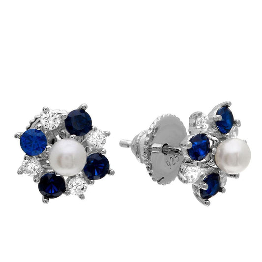 Silver 925 Rhodium Plated Blue CZ Flower Earrings with Center Fresh Water Pearl - GME00065-SAPP | Silver Palace Inc.