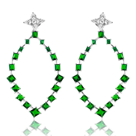 Silver 925 Rhodium Plated Dangling Teardrop Earrings with CZ - GME00102RH-GREEN | Silver Palace Inc.