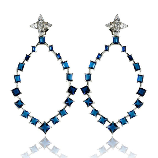 Silver 925 Rhodium Plated Dangling Teardrop Earrings with CZ - GME00102RH-BLU | Silver Palace Inc.