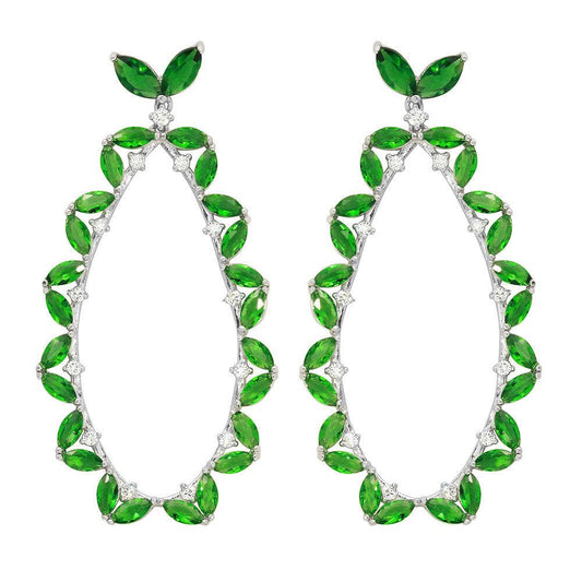 Silver 925 Rhodium Plated Green CZ Hanging Oval Earrings - GME00103RH-GREEN | Silver Palace Inc.