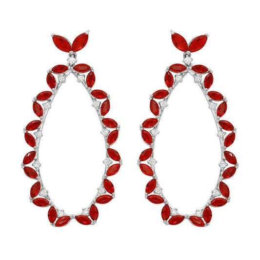 Silver 925 Rhodium Plated Red CZ Hanging Oval Earrings - GME00103-RED | Silver Palace Inc.