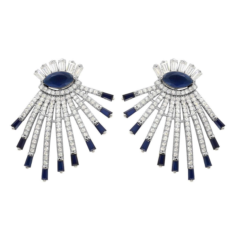 Silver 925 Rhodium Plated Clear and Blue CZ Drop Earrings - GME00105RH-BLU | Silver Palace Inc.