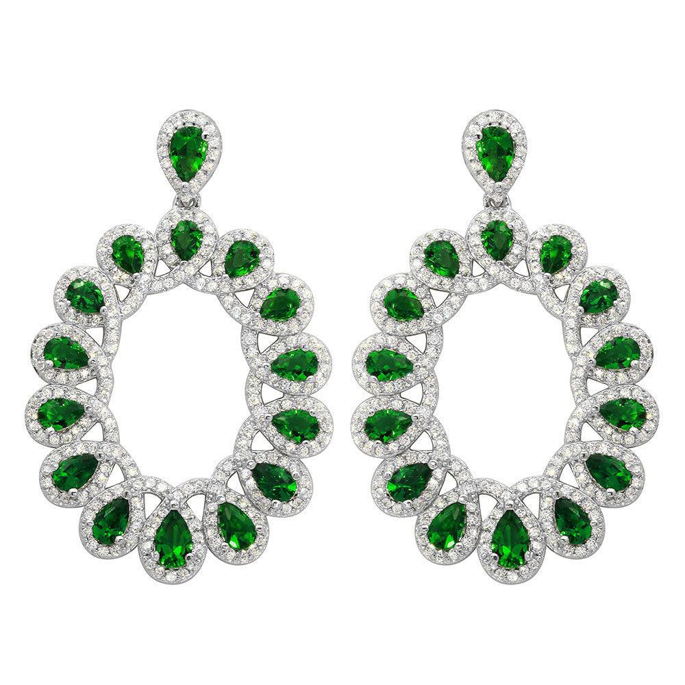 Silver 925 Rhodium Plated Open Oval Green and Clear CZ Hanging Earrings - GME00106-GREEN | Silver Palace Inc.