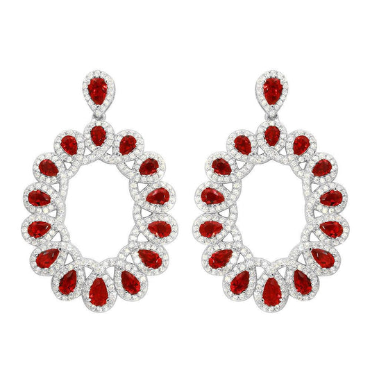 Silver 925 Rhodium Plated Open Oval Red and Clear CZ Hanging Earrings - GME00106-RED | Silver Palace Inc.