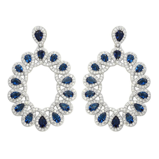 Silver 925 Rhodium Plated Open Oval Blue and Clear CZ Hanging Earrings - GME00106-BLU | Silver Palace Inc.